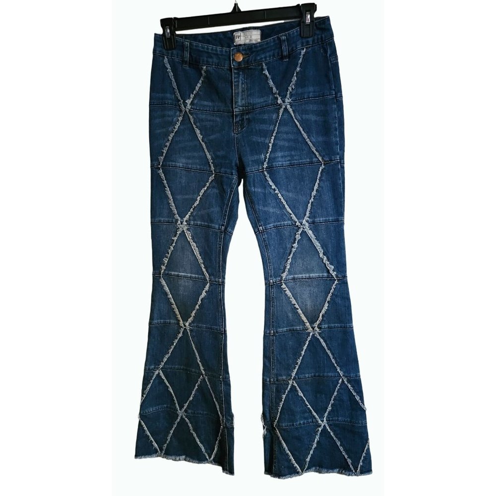 Super Rare Free People Tyler Pieced Denim Fray 13" Wide Flare Jeans Size 30 EUC - Picture 2 of 14